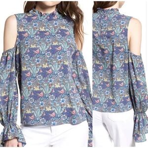 Bishop + Young Blue Floral Boho Bell Sleeve Blouse Women’s Small Cold Shoulder